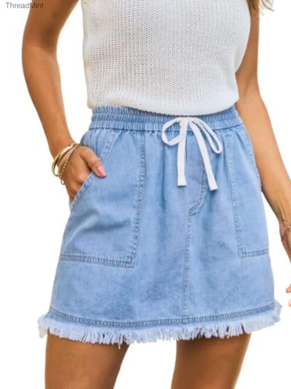 Women's Denim Mini Skirt High Waist Drawstring Elastic Casual